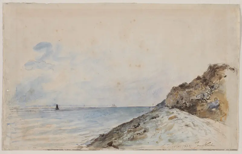 Marine scene with boats and horizon in soft blues by Johan Barthold Jongkind, oil painting