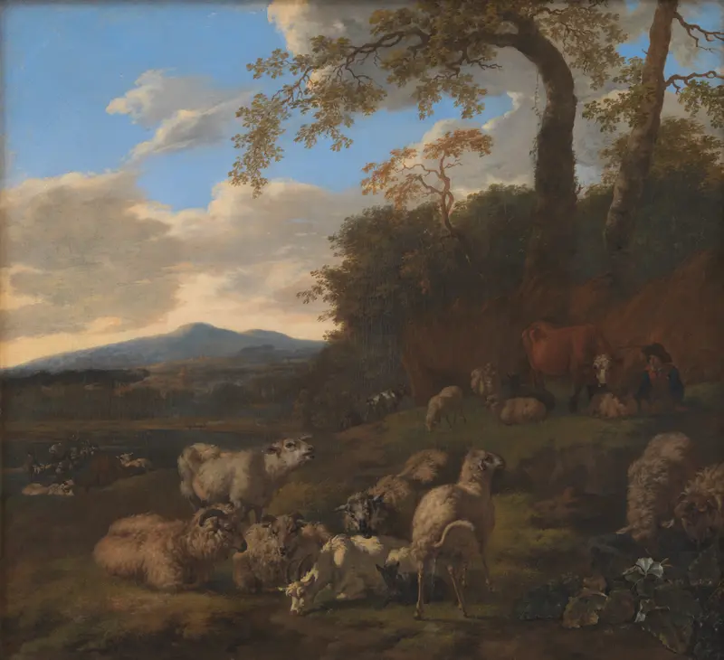 The Flock of Sheep by Jacob van der Does, oil painting depicting sheep in a pastoral landscape.