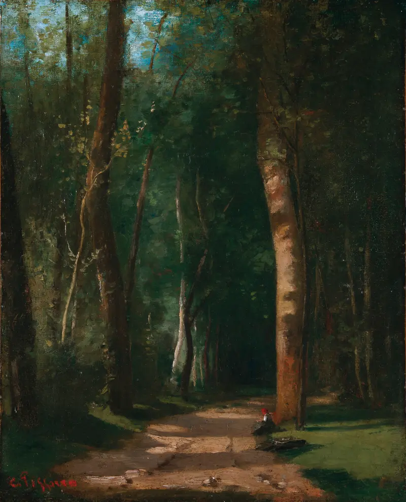 Forest scene with a path and dappled sunlight, oil on canvas by Camille Pissarro