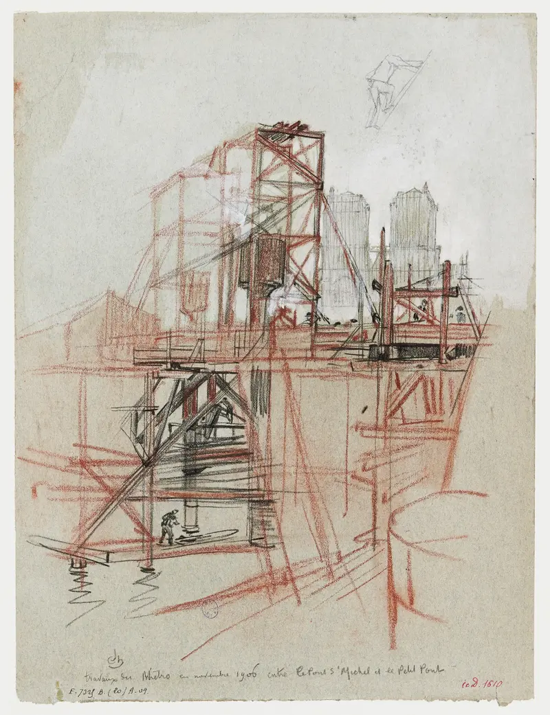 Watercolour by Charles Jouas depicting metro construction in Paris