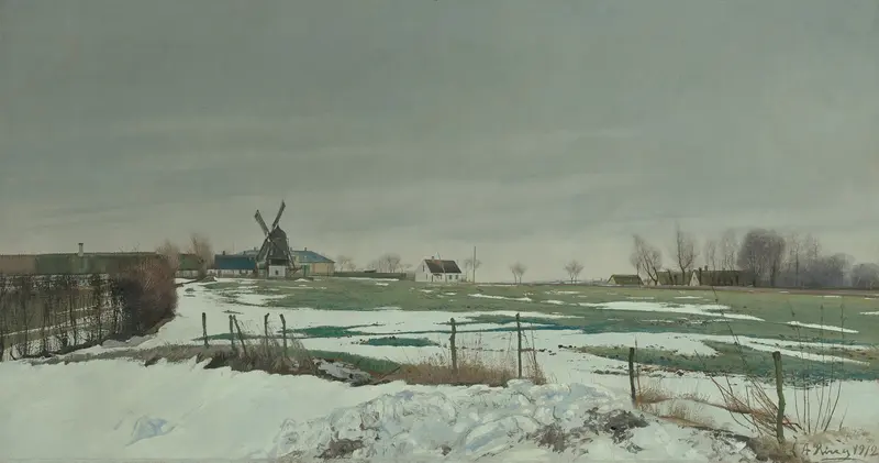 Winter landscape with a windmill by Laurits Andersen Ring, oil painting