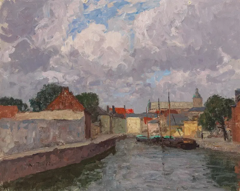 A Canal with Boats before a Town, oil on canvas by Alfred Zoff