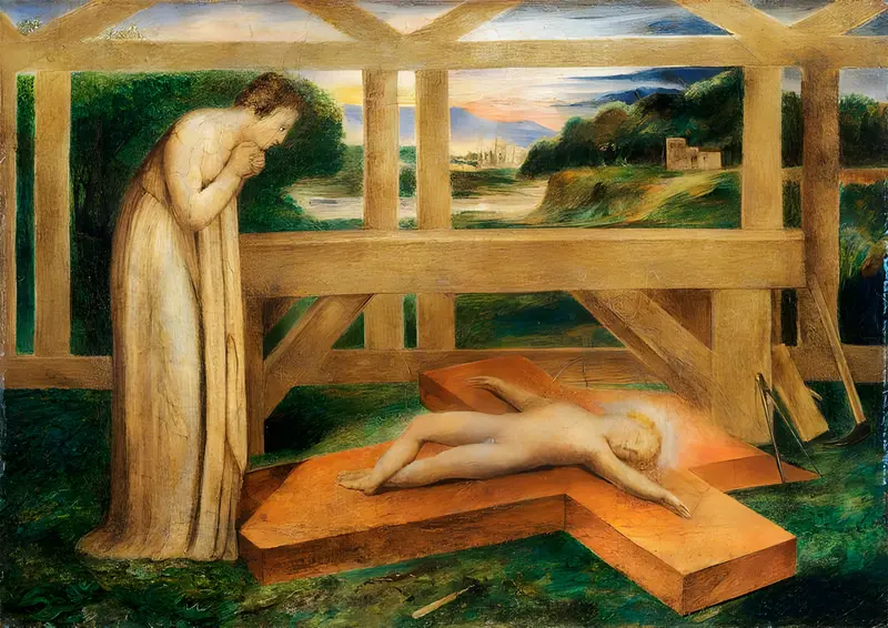 William Blake's 'The Christ Child Asleep on the Cross' depicts the infant Jesus on a cross, with Mary in adoration.