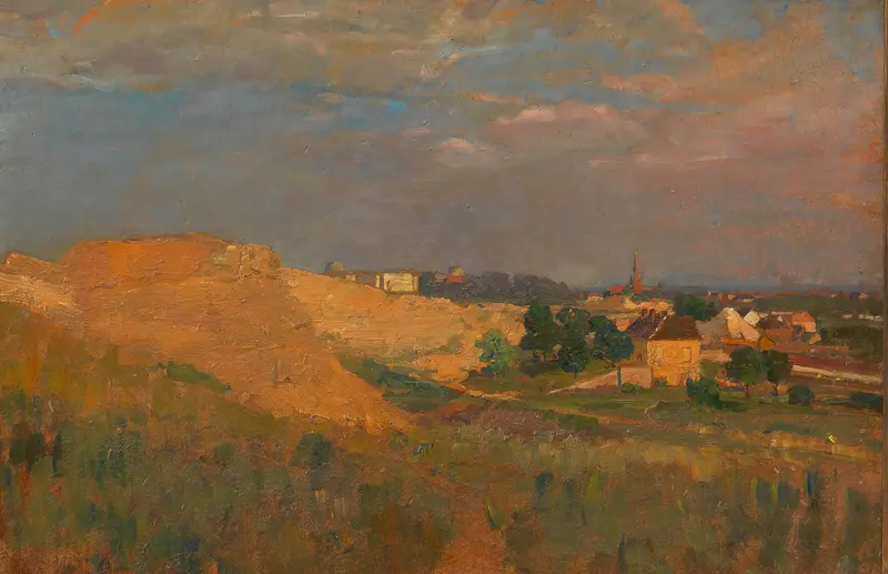 Landscape of Vienna with hills and rooftops by Tina Blau, oil painting