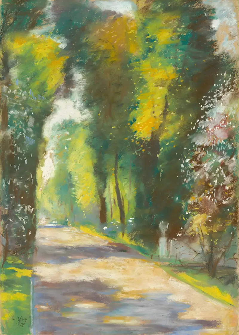 Sonniger Parkweg, oil painting by Lesser Ury, depicting a sunlit path with trees and vibrant greenery.