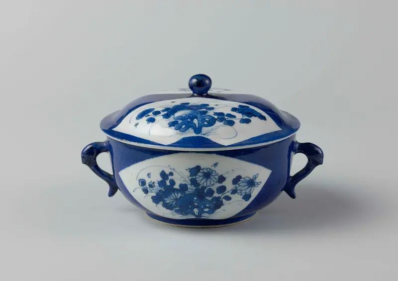 Covered bowl with flower sprays in powder blue ceramic by unknown artist
