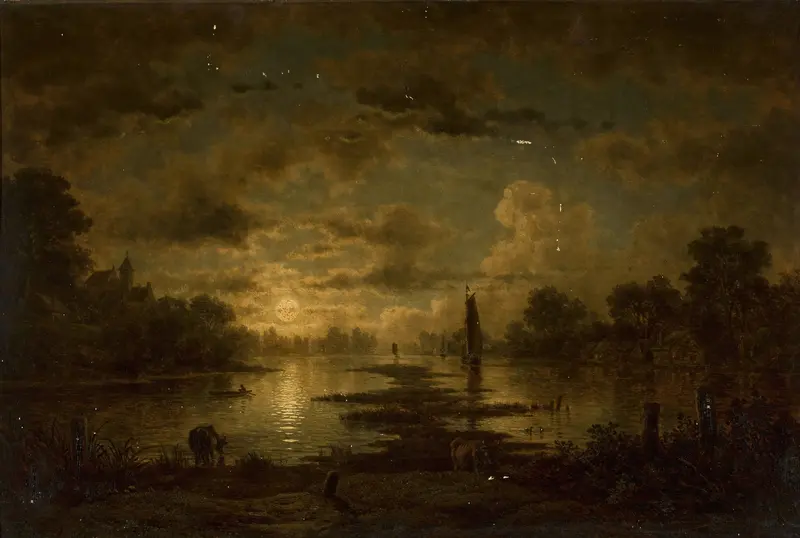 Moonlit night landscape with lake, oil painting by Georg Eduard Otto Saal
