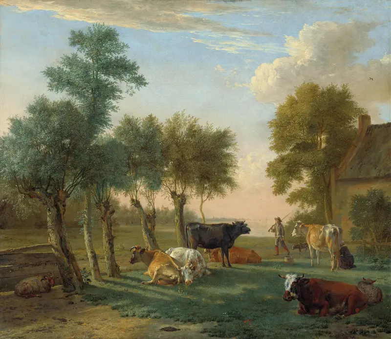 Cows in a meadow near a farm, oil painting by Paulus Potter