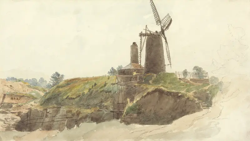 Landscape with windmill, oil on canvas by Thomas Creswick
