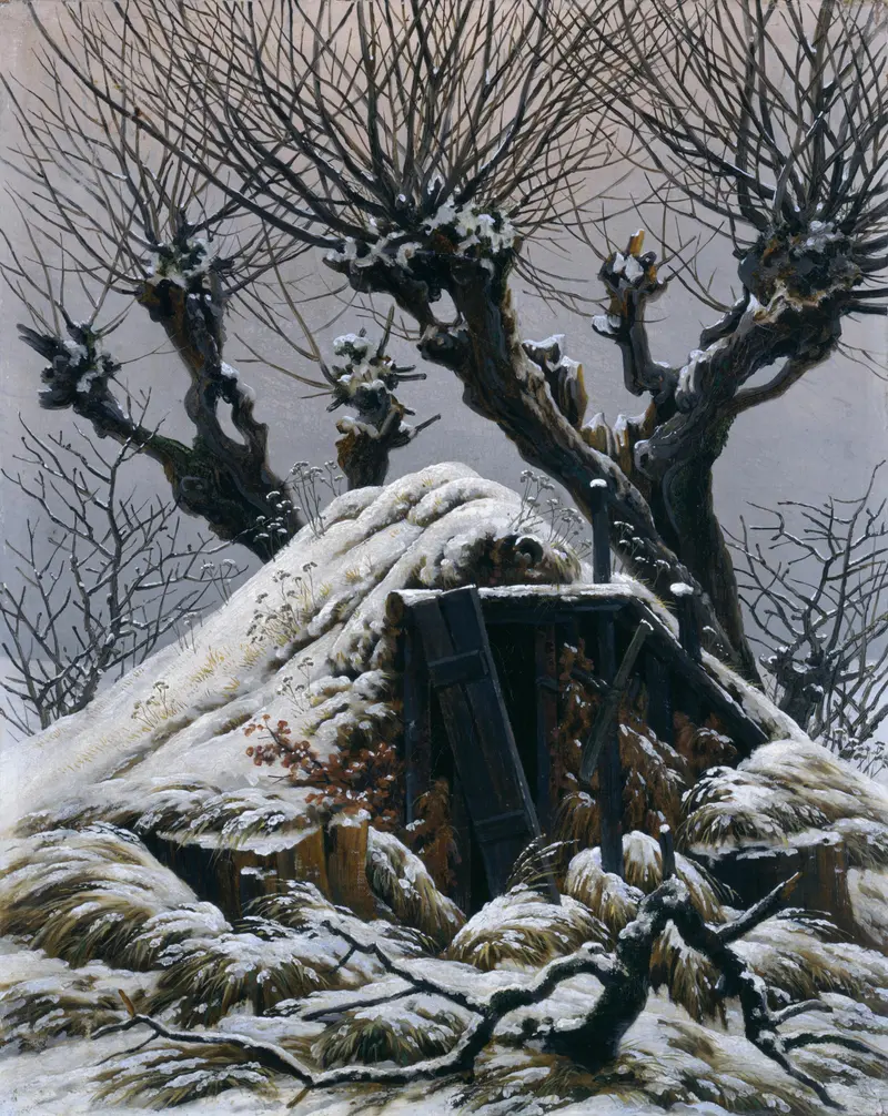 A snowy scene featuring a half-buried cottage surrounded by gnarled trees under a heavy sky.