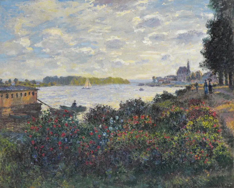 La Seine À Argenteuil by Claude Monet, oil on canvas depicting a tranquil river scene.