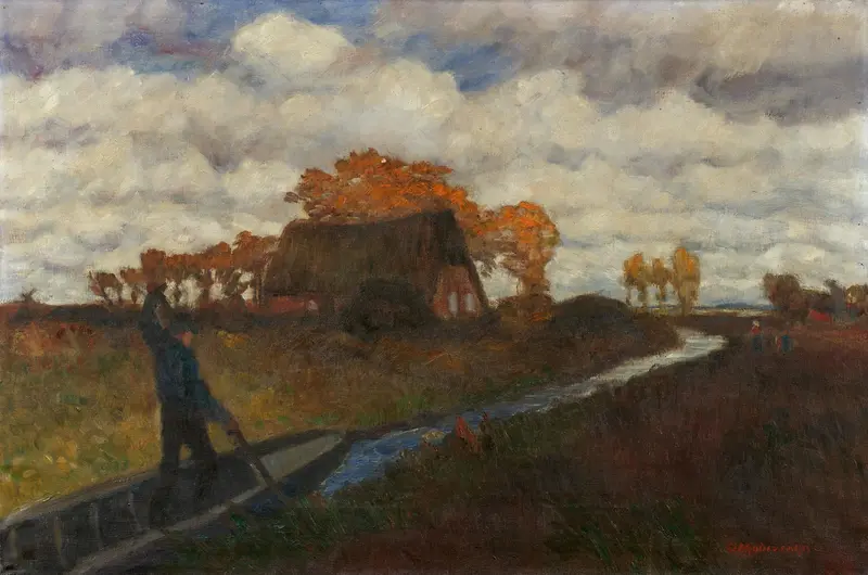 Oil painting by Otto Modersohn depicting autumn colors and a blurred horizon.