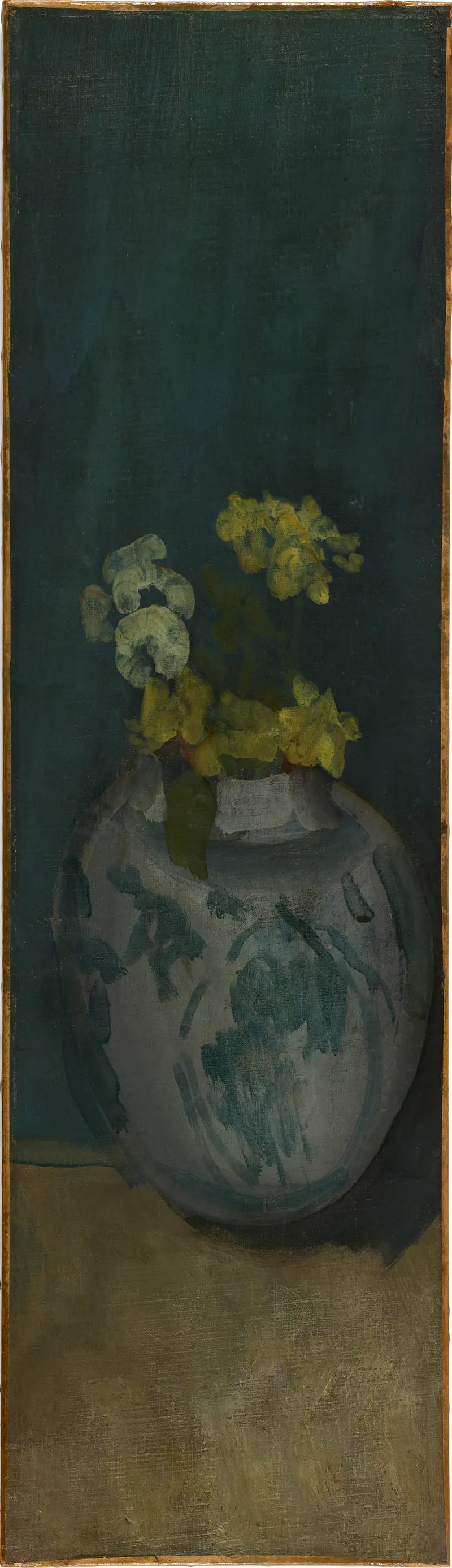 A vase with flowers in shades of yellow and white floats in a blue-green shadow.