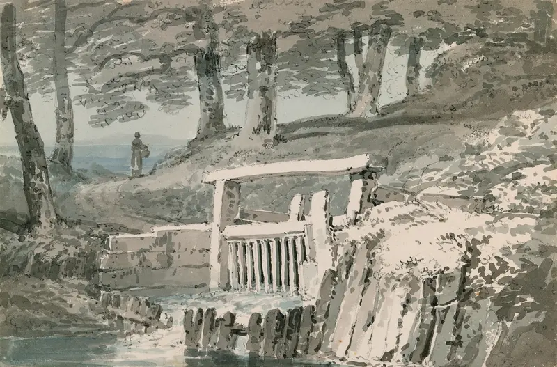 Sluice Gate, Netley Abbey by Joseph Mallord William Turner, oil painting depicting a sluice gate and shimmering water