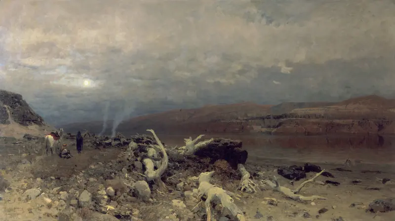 Dusk on the Dead Sea by Eugen Bracht, oil painting depicting twilight over the sea.