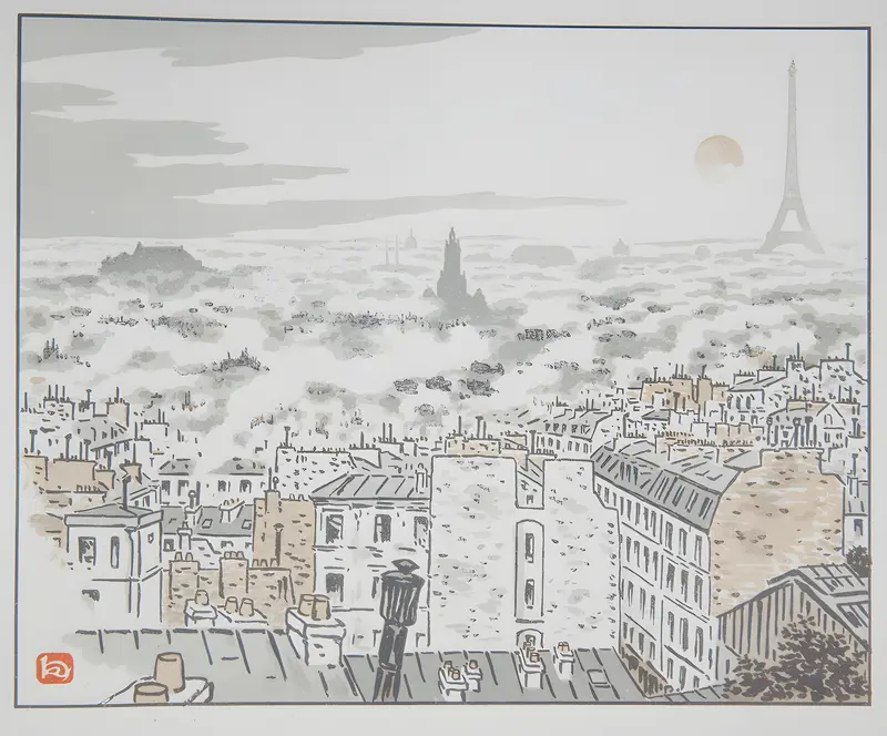 Henri Rivière's painting 'De la rue des Abesses' captures a lively Parisian street scene.