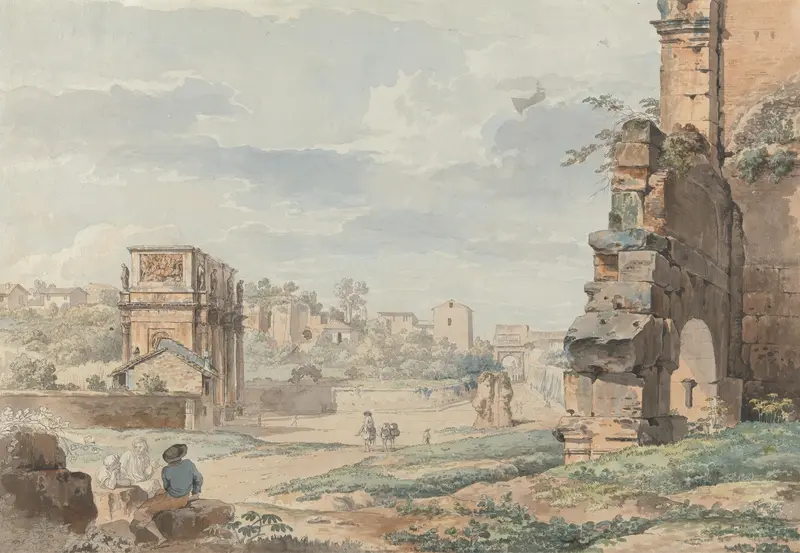 Oil on canvas by Carlo Labruzzi depicting the Colosseum and distant arches in Rome