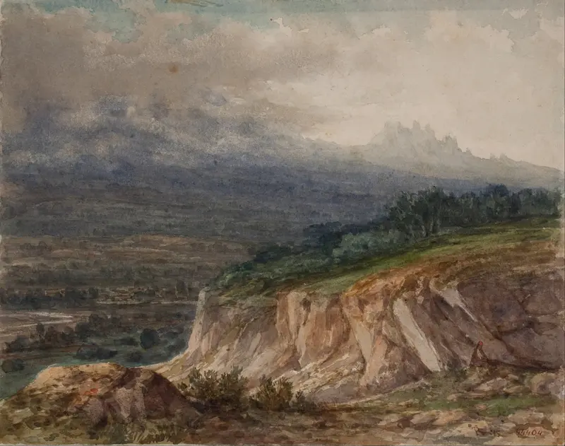 Landscape by Lluís Rigalt, oil on canvas depicting a tranquil sky and horizon.