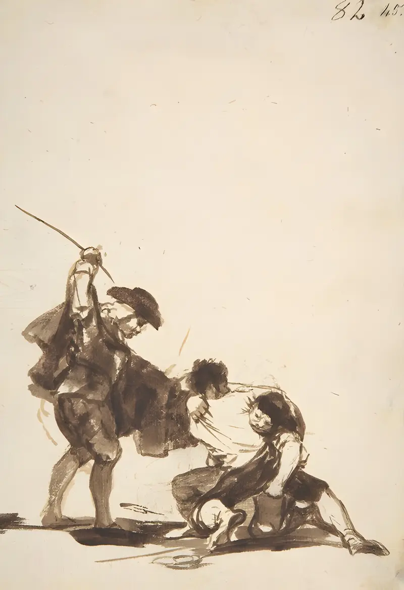 A man with a raised whip is breaking up a fight between two figures.