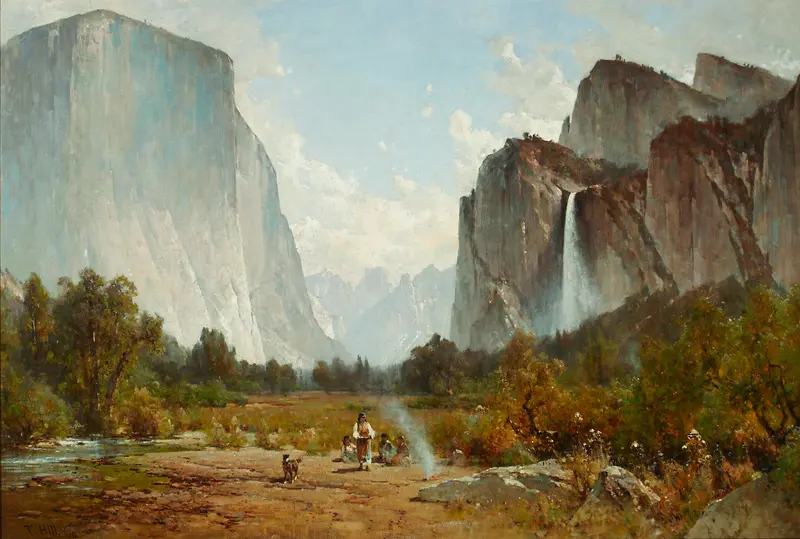 Yosemite Valley by Thomas Hill, oil painting depicting granite cliffs and a serene landscape.