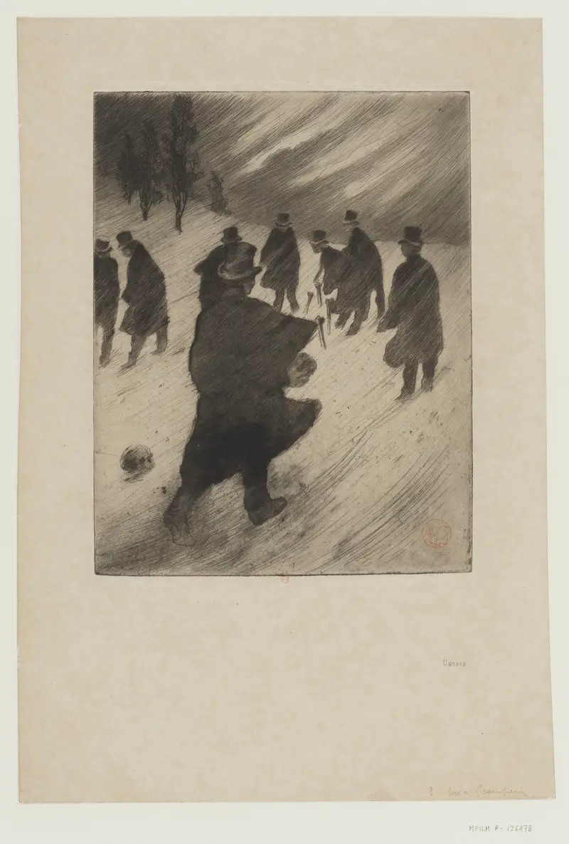 Henri Rivière's 'Partie funèbre' explores themes of death and mourning through a symbolic landscape.