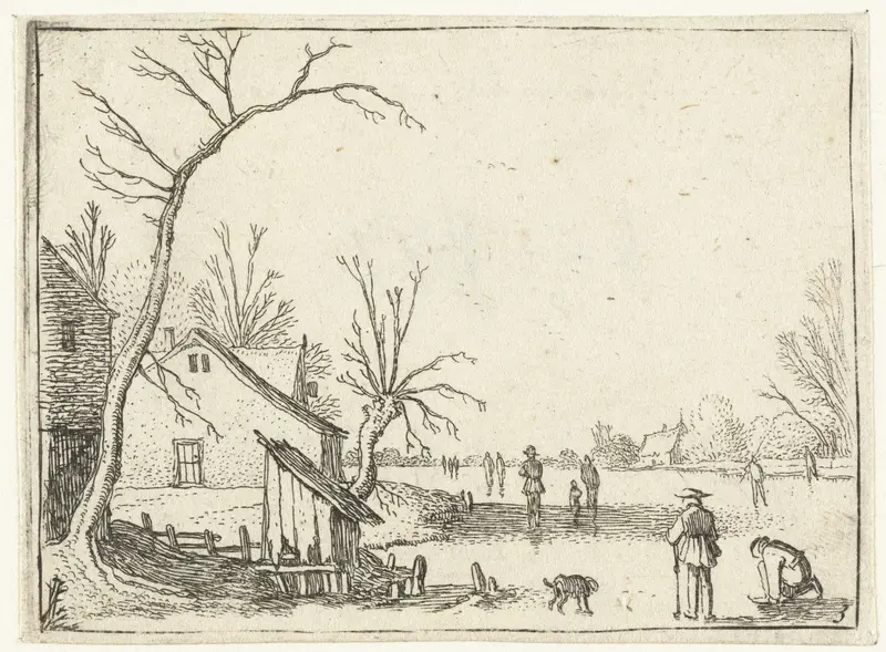 Winter landscape with a farmhouse and skaters on ice, etching by Esaias van de Velde