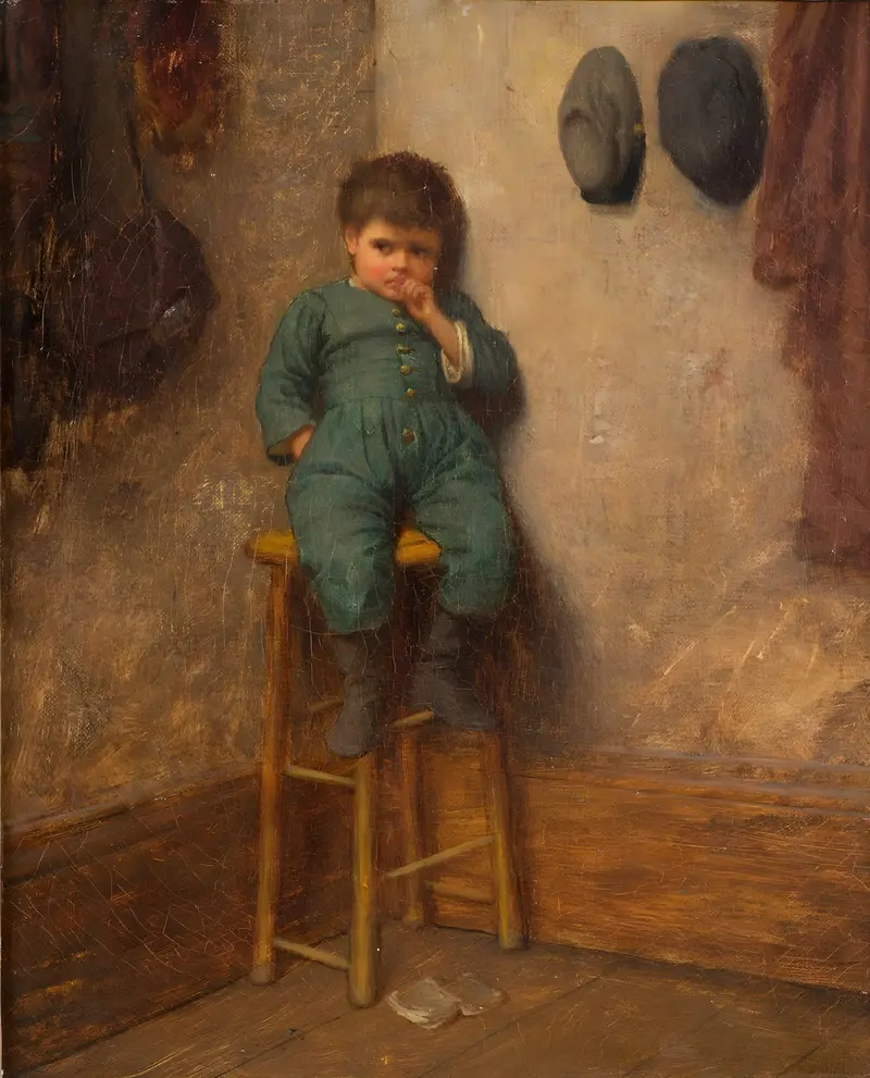 A portrait of a young boy sitting on a stool, showcasing Eastman Johnson's realistic style.
