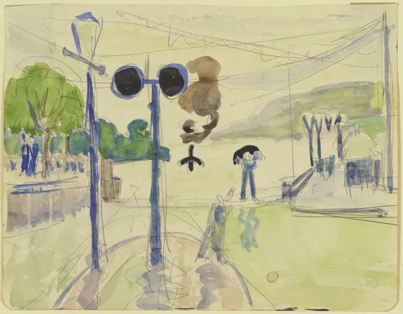 Dampferlände in the rain, oil on canvas by Ernst Ludwig Kirchner, depicting figures in a rain-soaked city.