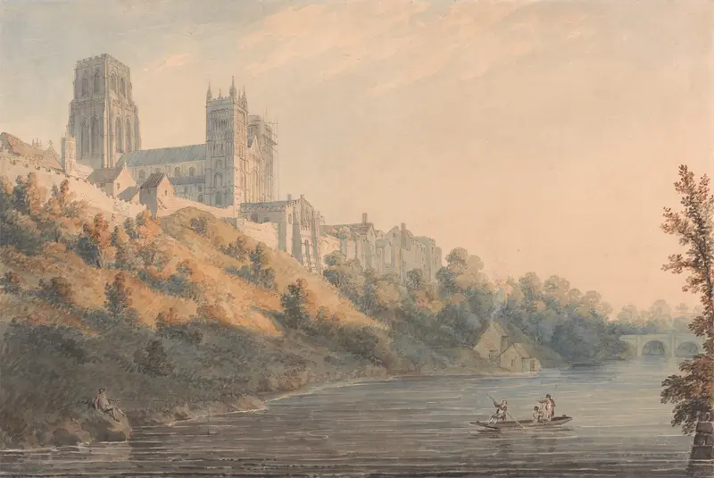 Durham Cathedral by Edward Dayes, showcasing intricate spires and dramatic light, medium unknown.