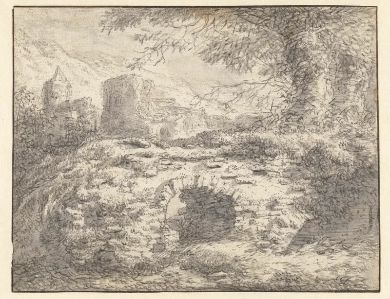 Landscape with a stone bridge over a gentle stream by Casper Casteleyn, medium unknown