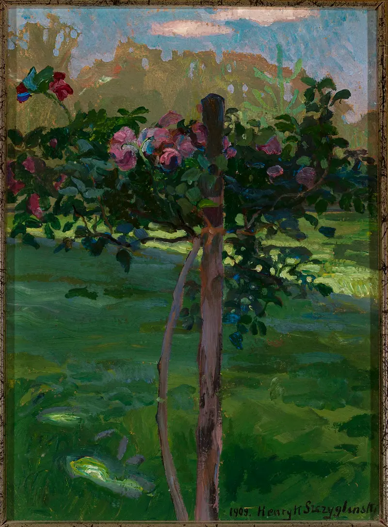 Rose shrub by Henryk Szczygliński, oil on canvas featuring vibrant pink flowers and green leaves.