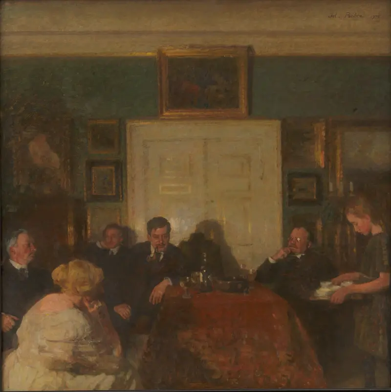 A lively gathering in a domestic setting, showcasing the social interactions of the time.