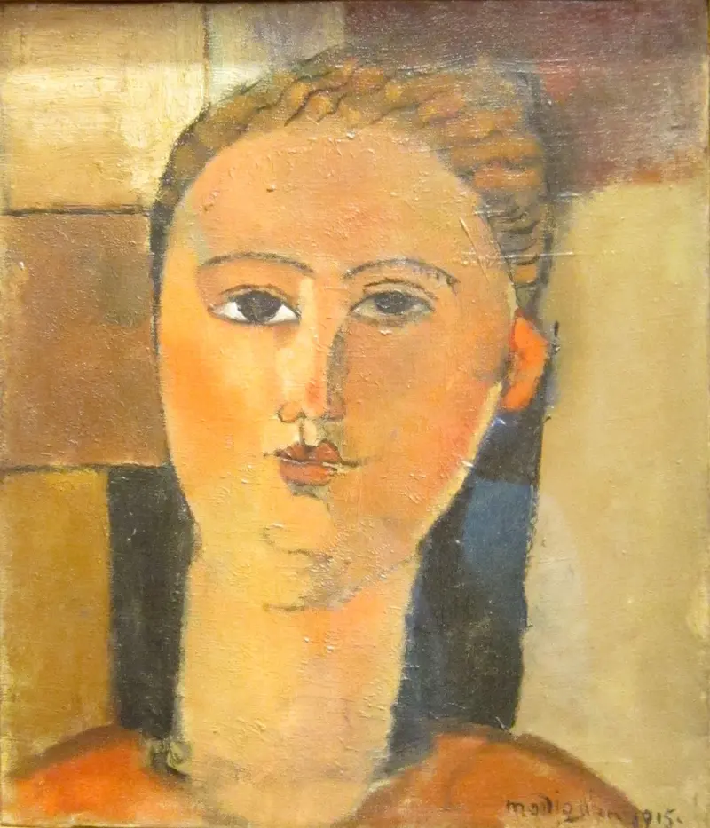 A portrait of a red-haired girl with a pale face and almond-shaped eyes, painted by Amedeo Modigliani.