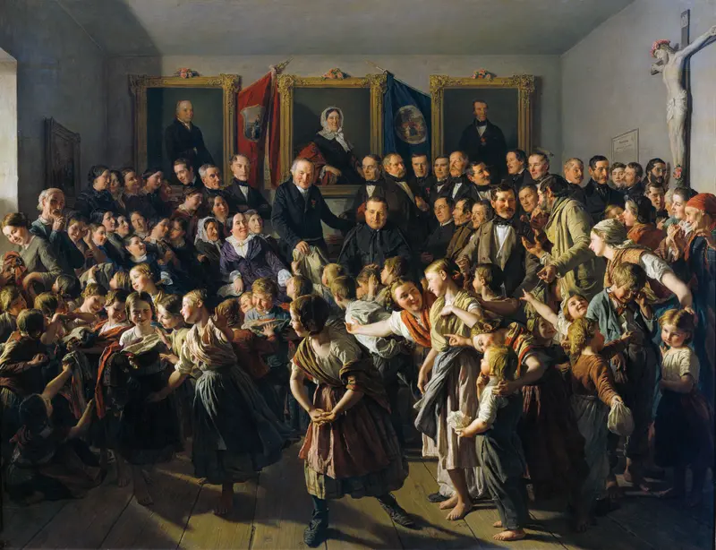 This painting depicts a community distributing winter clothing to children of poor parents.