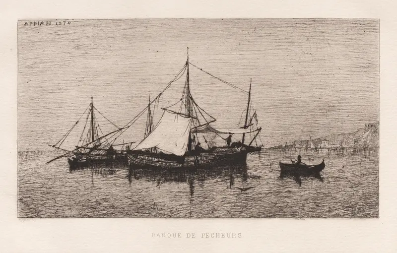 Barque de Pecheurs by Adolphe Appian, oil on canvas, depicts a fishing boat on calm water.