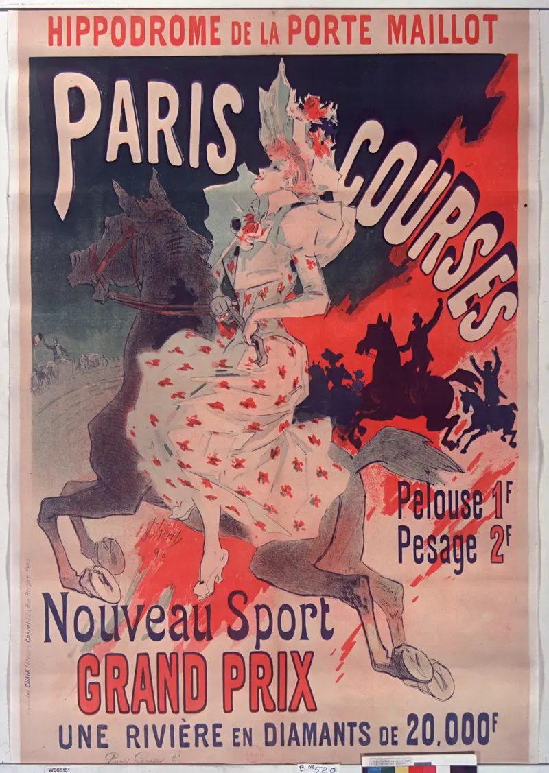 A vibrant depiction of a Parisian horse race by Jules Chéret.