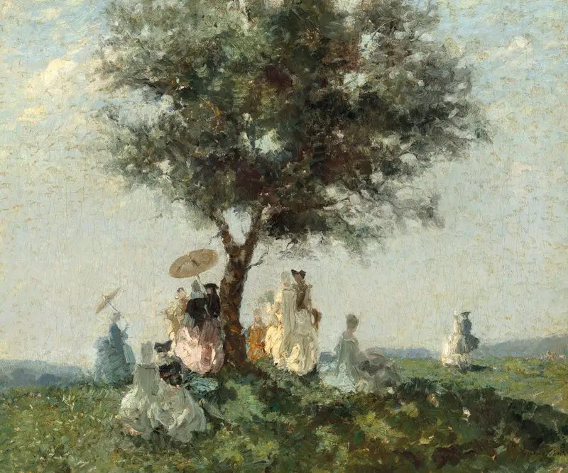 Genre scene depicting a picnic with sunlight, oil on canvas by Emma Ciardi