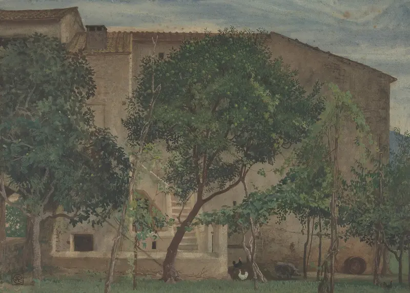 Rural farmhouse landscape with shadows, by Walter Crane, Victorian style