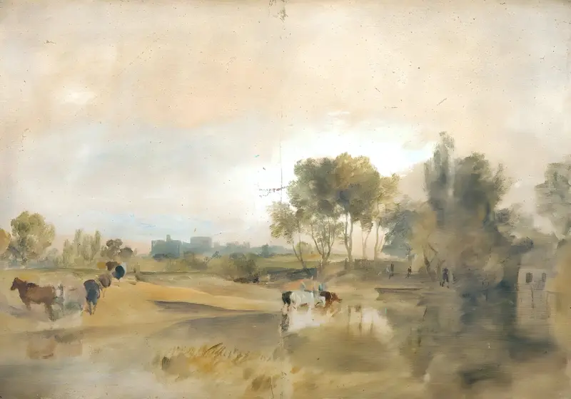 A riverside scene showing cattle drinking at the water’s edge with Windsor Castle visible in the distant background under a pale sky.
