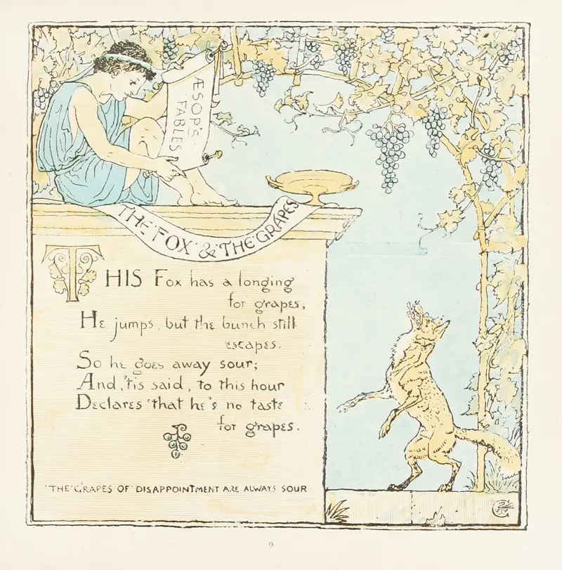 Walter Crane's 'The Fox and the Grapes' captures a whimsical scene of a fox attempting to reach grapes.