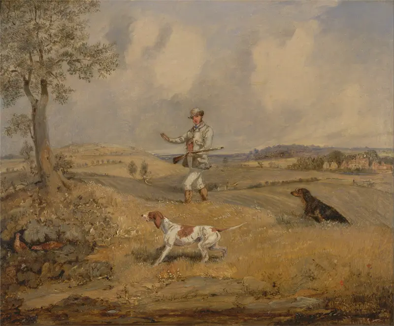 Partridge Shooting by Henry Thomas Alken, oil on canvas depicting hunters in a misty landscape.