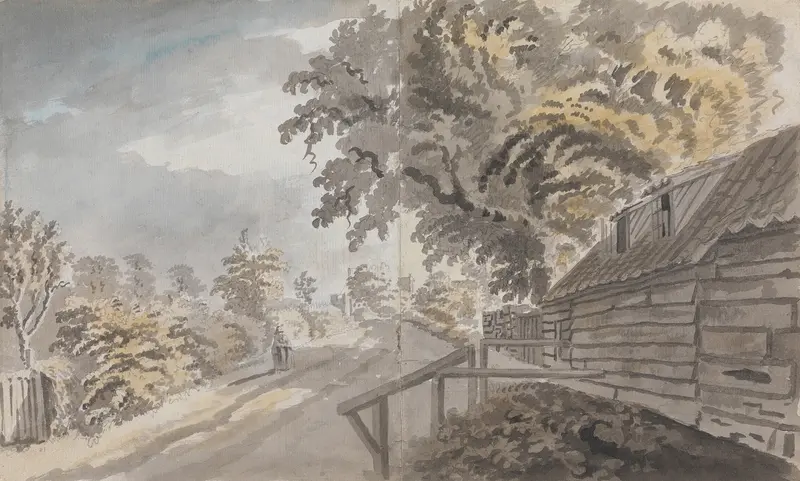A Country Lane by James Miller, oil on canvas depicting a tranquil path surrounded by lush greenery.
