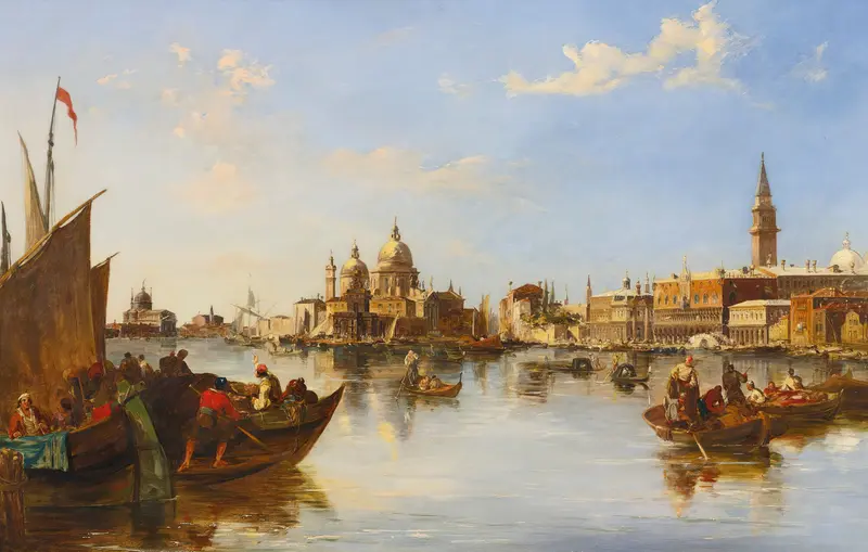 Gondolas and fishing boats on the Grand Canal, oil on canvas by Edward Pritchett