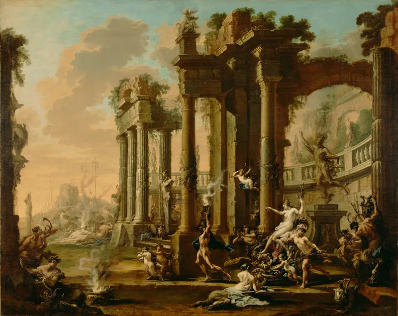 Venus reclines on a shell-chariot, surrounded by nymphs and satyrs in a vibrant, theatrical scene.