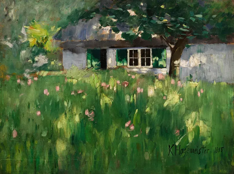 Oil painting by Karl Hagemeister depicting a farmhouse surrounded by greenery.