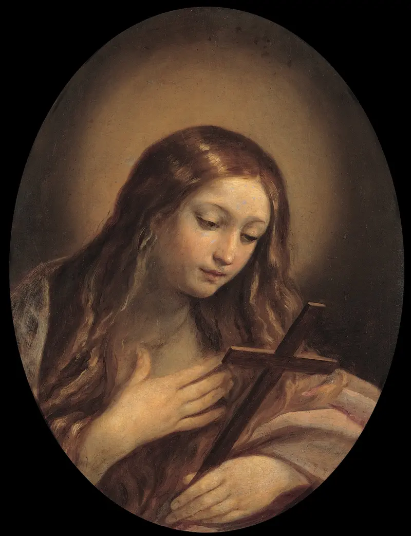 Guido Reni's 'Penitent Magdalene' depicts a contemplative Mary Magdalene in a moment of reflection.