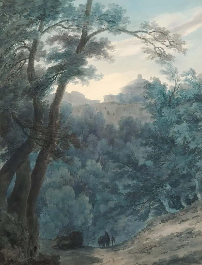 Wooded landscape with a monastery, watercolor by John Robert Cozens