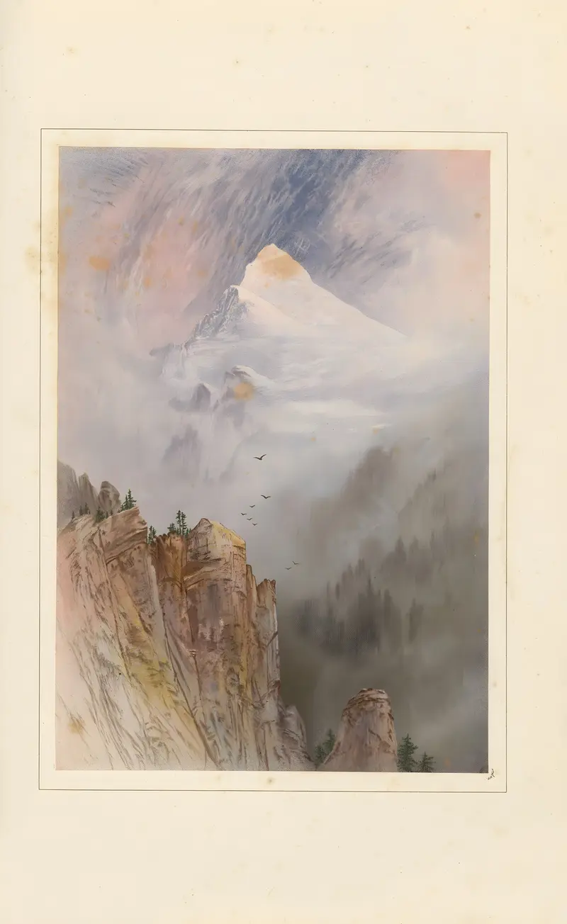 Oil painting of the Weisshorn mountain by Elijah Walton, featuring snow and a tranquil valley.
