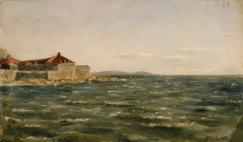 Sand Bank by Akseli Gallen-Kallela, oil on canvas depicting a serene landscape with dappled sunlight.