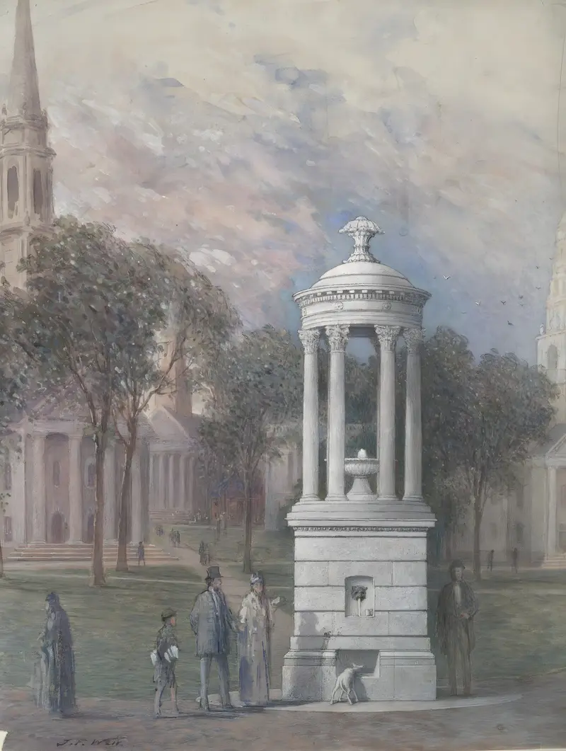 Bennett Fountain on New Haven Green, oil painting by John Ferguson Weir